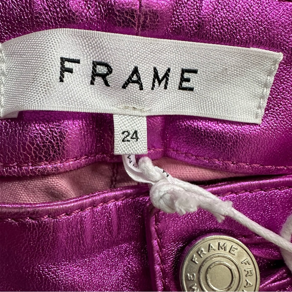 Frame Denim Metallic Pink Magenta Purple Straight Leg Leather Pants 24 XS - Picture 4 of 11